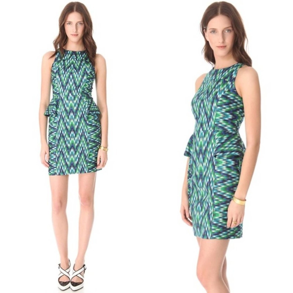 MILLY Ikat Colorful Peplum Career Sheath Dress 4 Small Green Blue Party $375